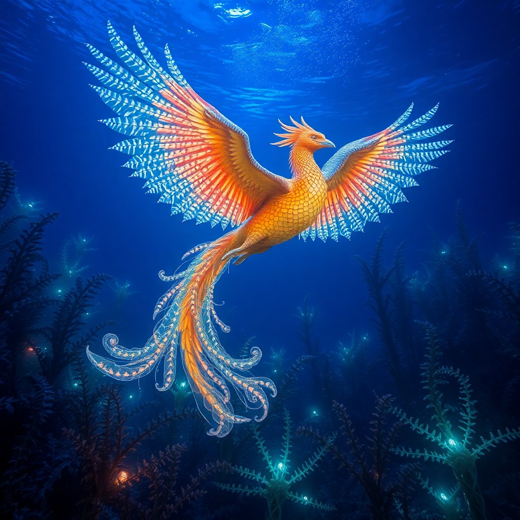 AI generated art for prompt: Imagine an enchanting underwater scene reminiscent of surrealist dreamscapes. A majestic phoenix wit