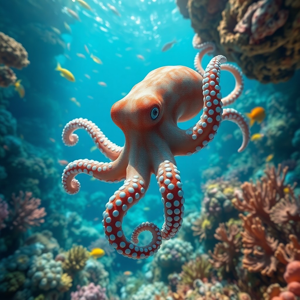 AI generated art for prompt: An imaginative digital artwork depicts an underwater vista through the eyes of an octopus. The creat