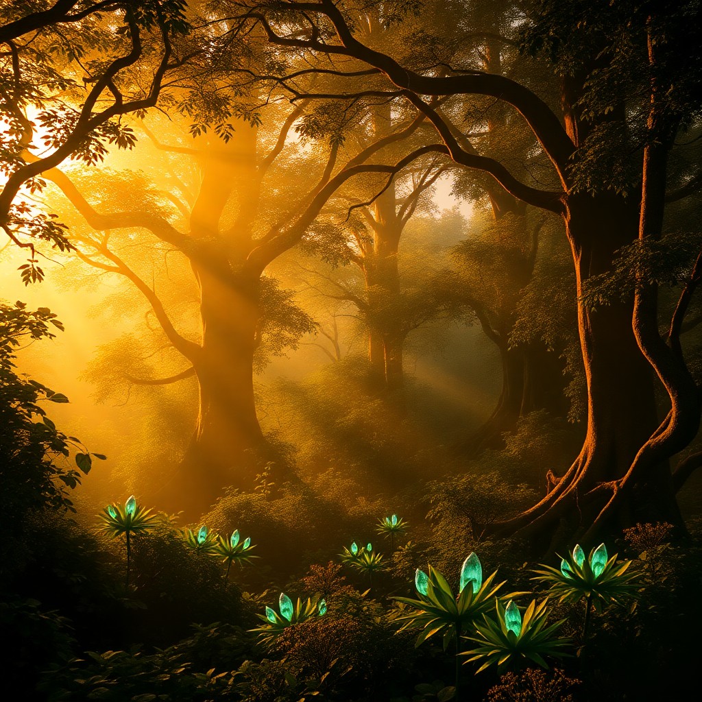 AI generated art for prompt: Visualize an enchanting digital artwork portraying an ancient woodland at dusk, with golden sunlight