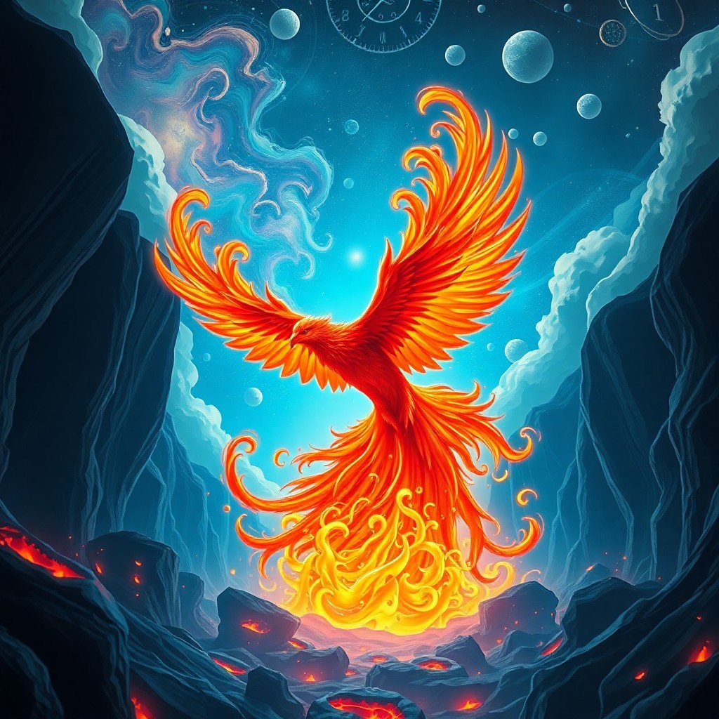 AI generated art for prompt: A surreal dreamscape featuring a majestic phoenix rising from a lava-filled abyss showcases a unique