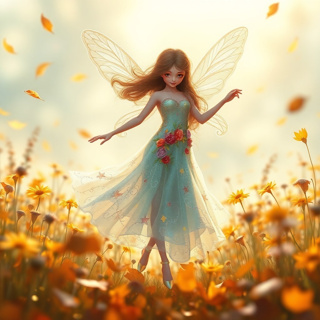 AI generated art for prompt: A whimsical illustration showcasing an enchanting fairy dancing amidst a field of autumn wildflowers