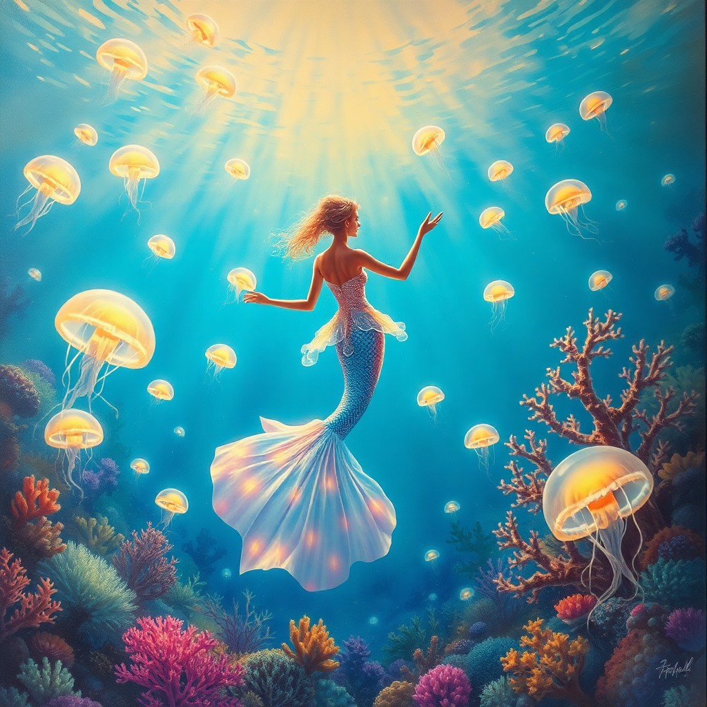 AI generated art for prompt: Craft an enchanting surrealist painting depicting a mesmerizing underwater realm filled with vibrant