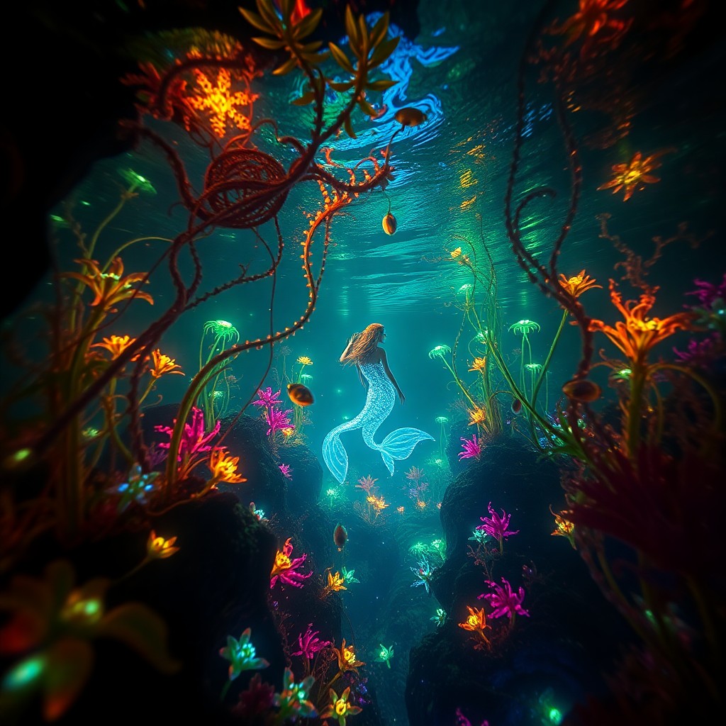 AI generated art for prompt: An underwater dream sequence unfolds, showcasing a mesmerizing landscape where bioluminescent flora 