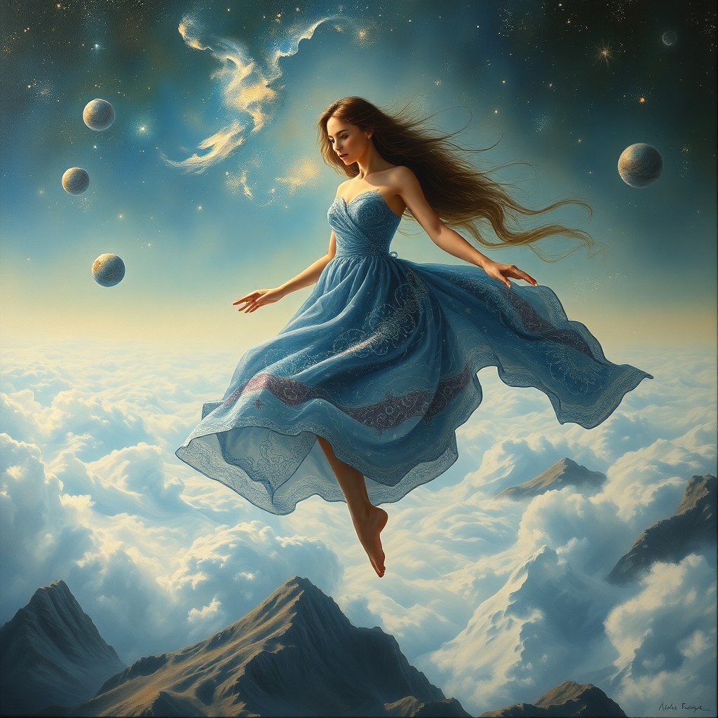 AI generated art for prompt: A mesmerizing oil painting portrays an alluring figure levitating above a dreamlike landscape. The g