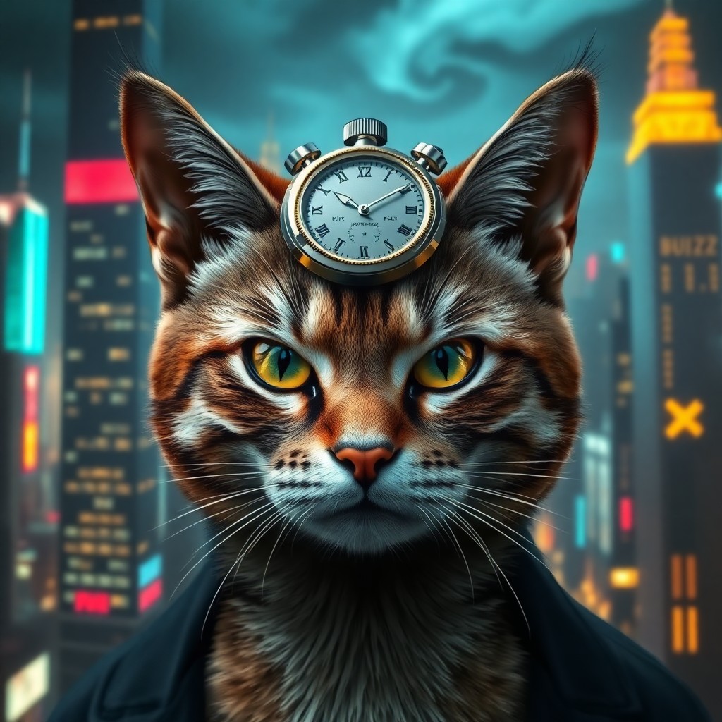 AI generated art for prompt: A surreal digital artwork captures an up-close portrait of a stern-looking feline wearing an intrica