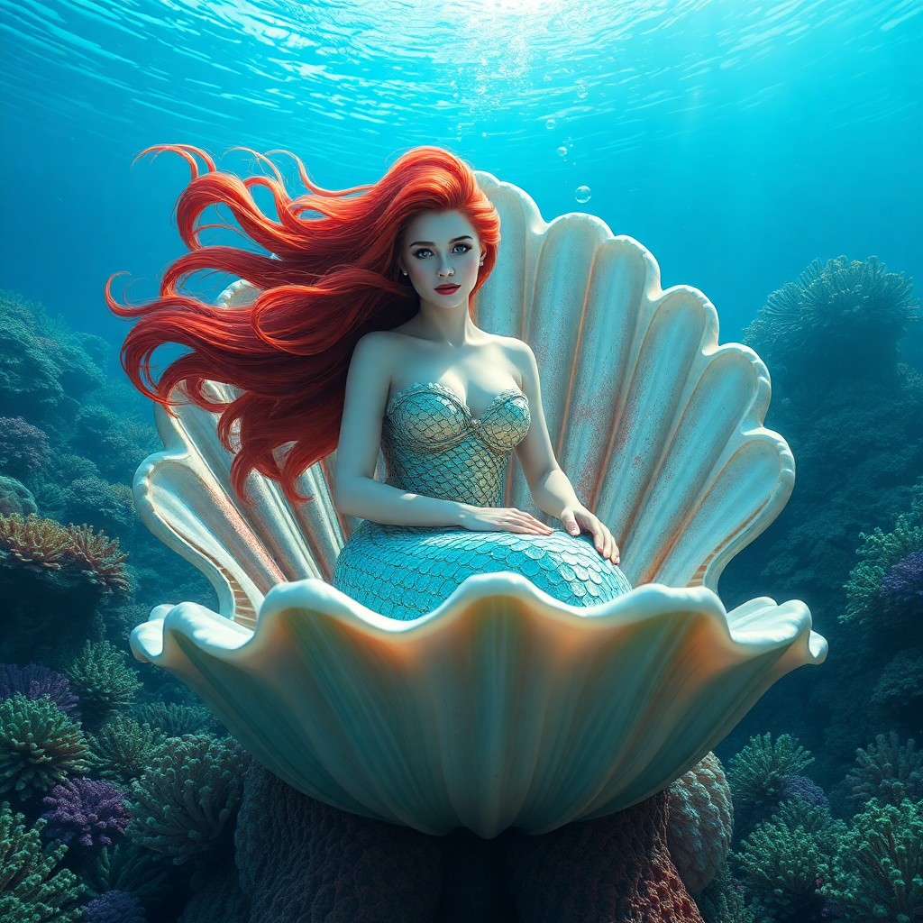 AI generated art for prompt: A captivating digital artwork unveils an entrancing underwater domain where a regal mermaid, her lus