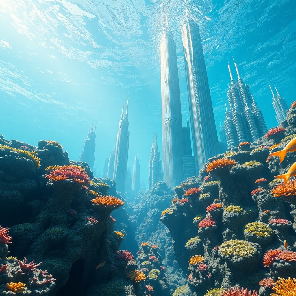 AI generated art for prompt: Visualize an enchanting digital artwork depicting a futuristic metropolis from an underwater viewpoi