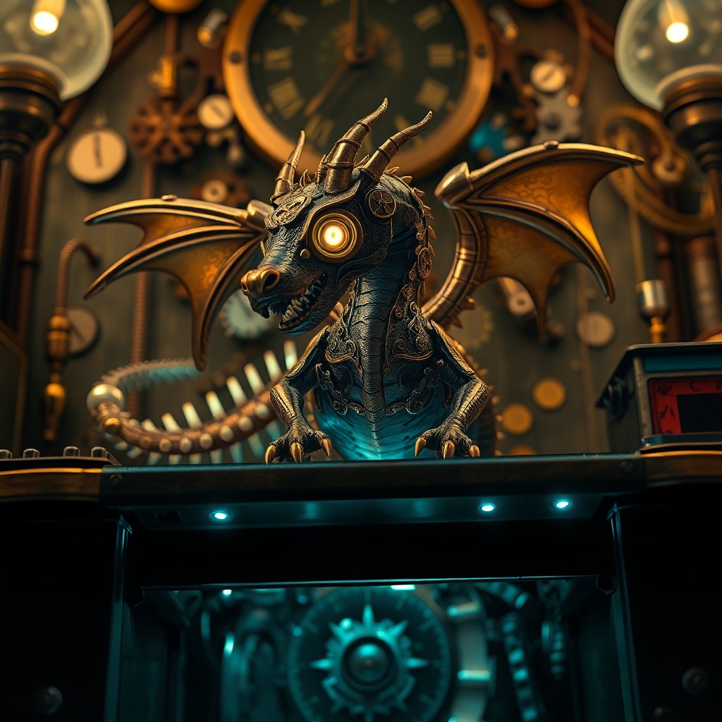 AI generated art for prompt: A whimsical steampunk-inspired portrait captures a clockwork dragon at rest on an ornate desk laden 