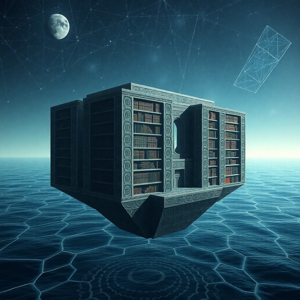 AI generated art for prompt: A digital artwork depicting an enigmatic library floating amidst a vast celestial ocean. The labyrin