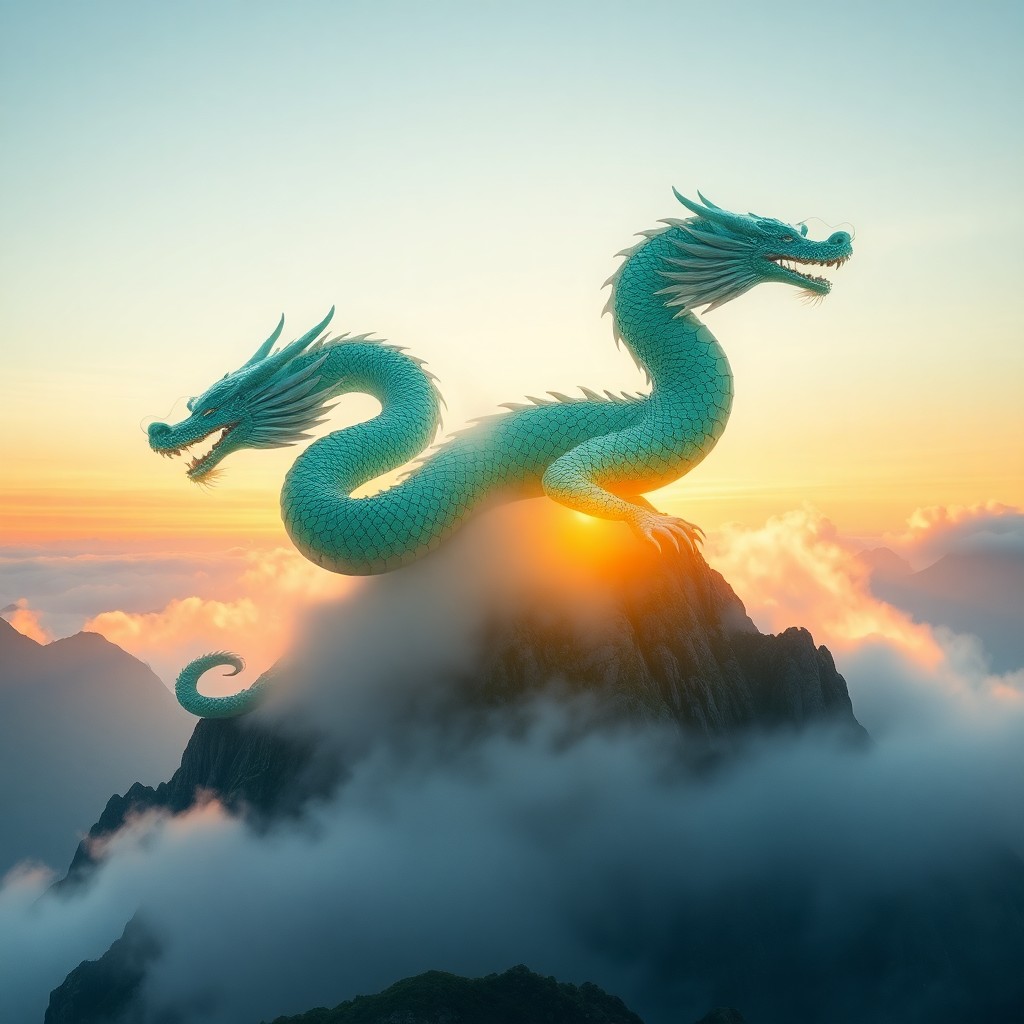 AI generated art for prompt: A surreal landscape featuring an ancient Chinese dragon in jade scales resting atop a misty mountain