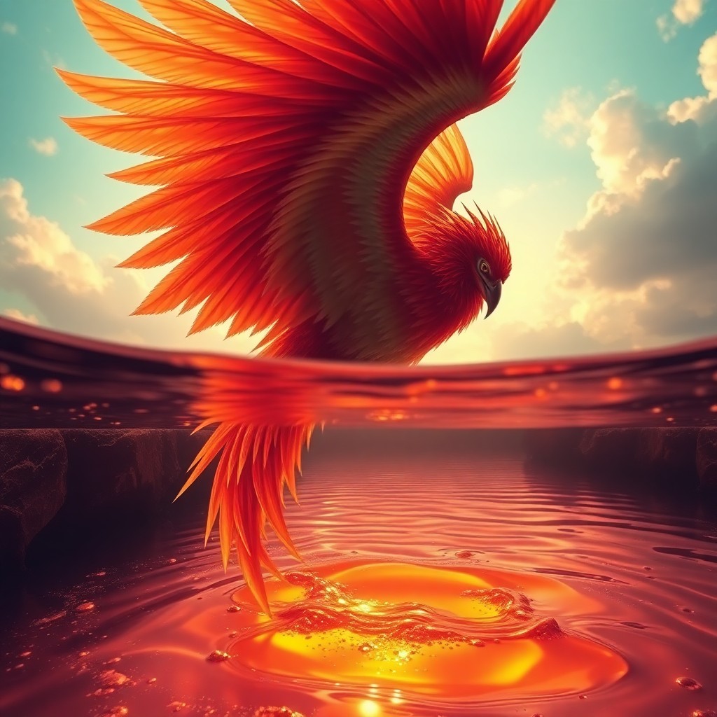 AI generated art for prompt: A mesmerizing digital artwork portrays an enchanting landscape where a magnificent phoenix emerges f