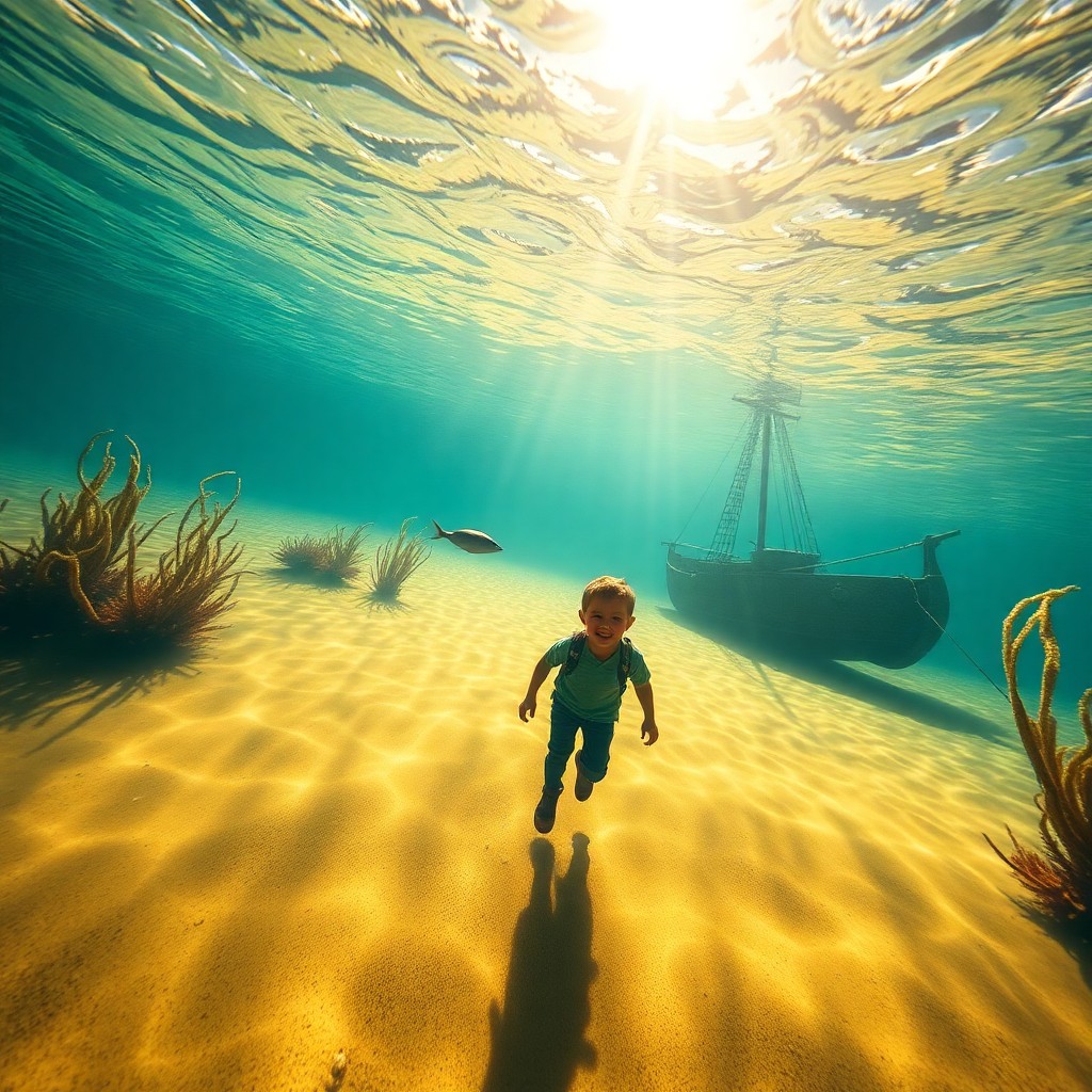 AI generated art for prompt: Create an idyllic underwater scene reminiscent of dreamlike landscapes, depicting a young explorer v