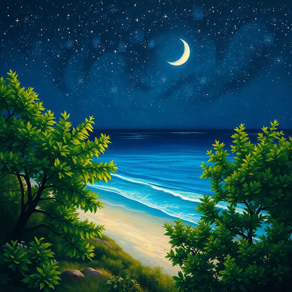 AI generated art for prompt: Picture a vast, serene beach at night, captured in hyper-realistic detail with Post-Impressionist br