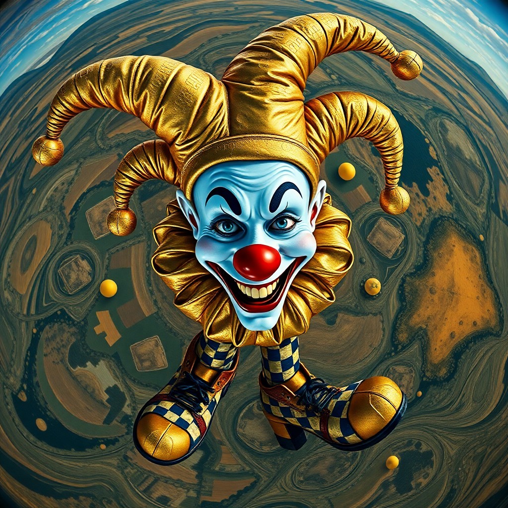 AI generated art for prompt: A playful portrait of a jester clown with exaggerated footwear and an infectious grin, this artwork 