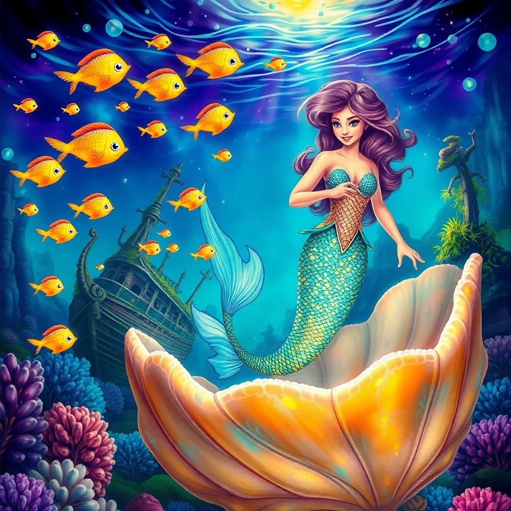 AI generated art for prompt: An enchanting underwater scene showcases a mesmerizing dance between a captivating mermaid with shim