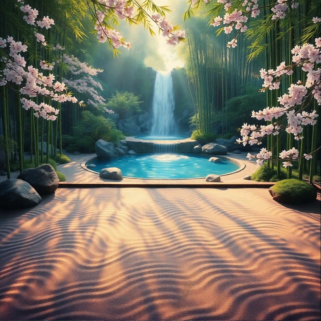 AI generated art for prompt: A mesmerizing oil painting captures an aerial view of a serene zen garden, blending traditional Japa