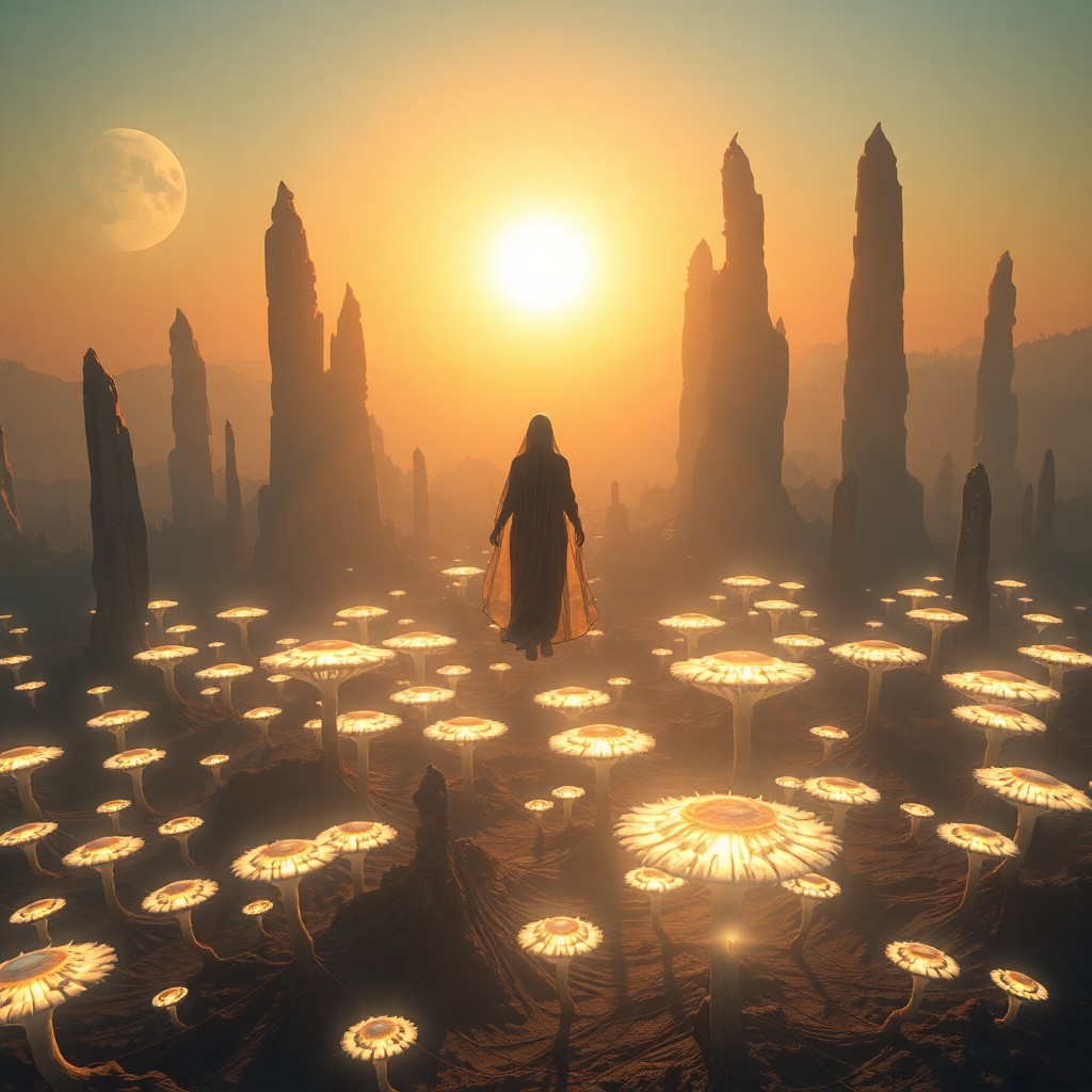 AI generated art for prompt: A surreal digital artwork depicts an expansive alien landscape bathed in light from two setting suns