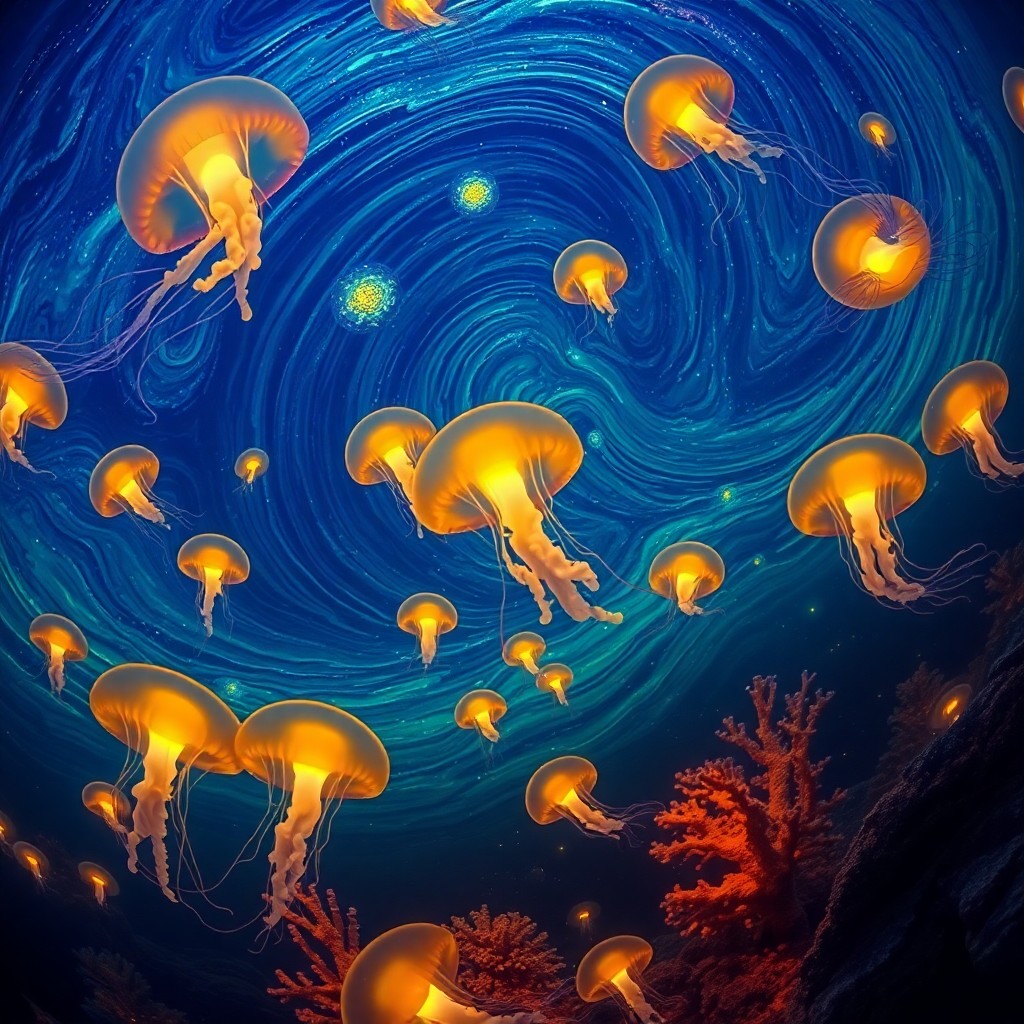 AI generated art for prompt: An enchanting underwater scene unfolds in swirling patterns reminiscent of Van Gogh's Starry Night, 