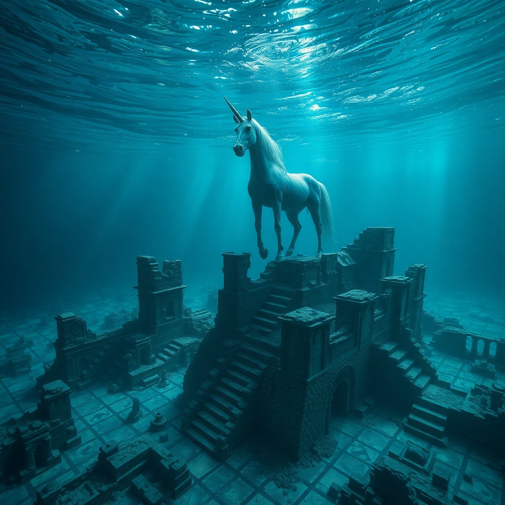 AI generated art for prompt: An image depicting an underwater realm where fantasy intertwines with ancient ruins, featuring a maj