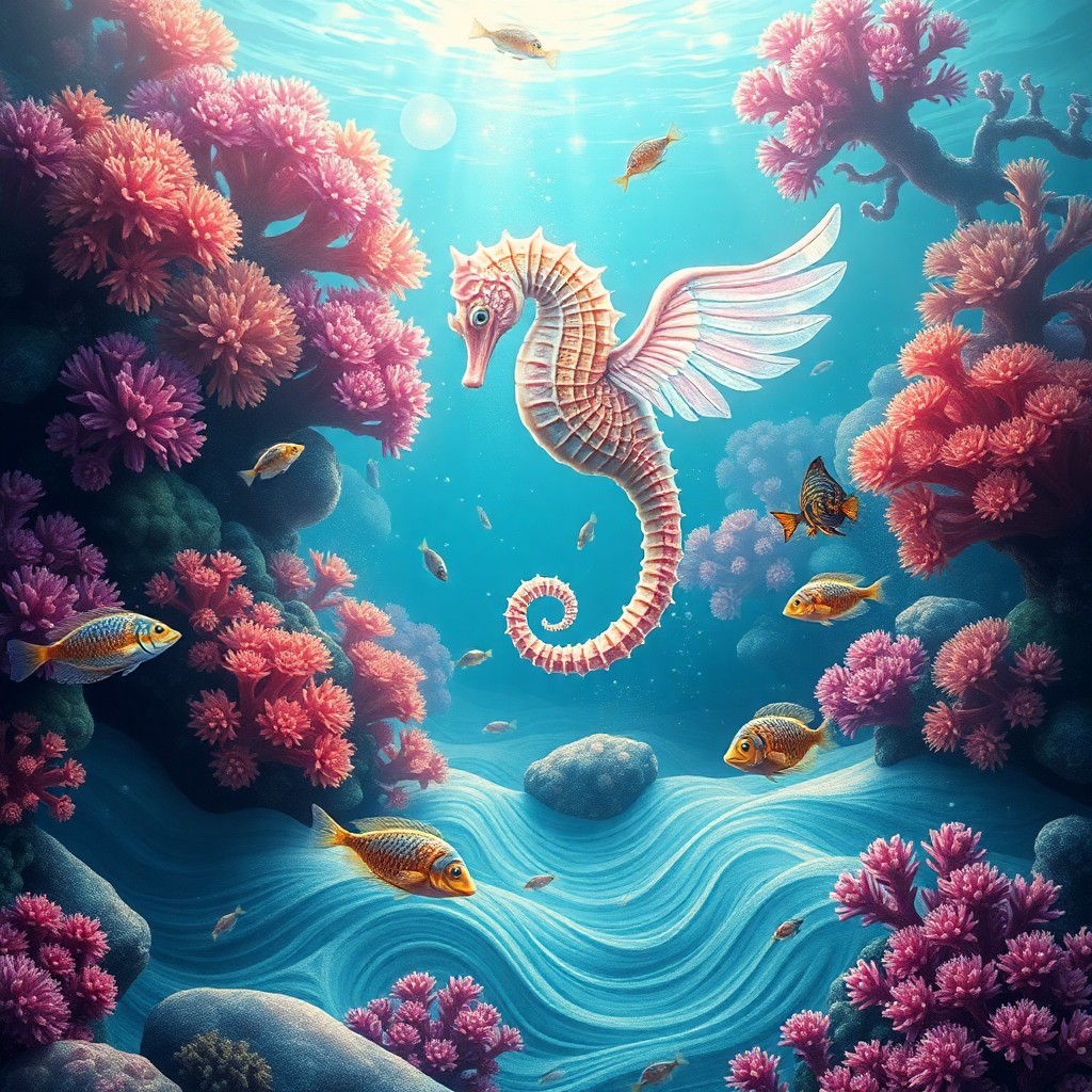 AI generated art for prompt: A whimsical digital art piece depicting an enchanting underwater world where a majestic seahorse gra