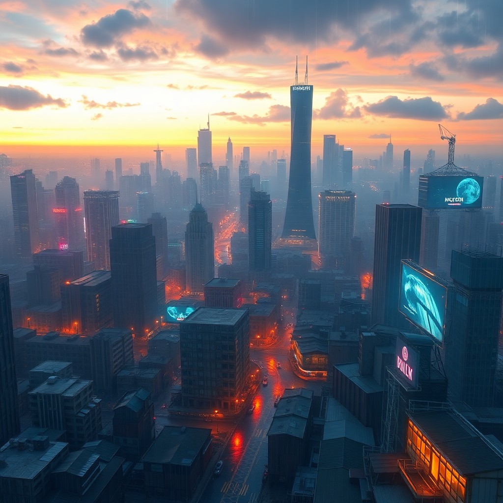 AI generated art for prompt: A futuristic cityscape bathed in twilight's glow, this image captures an elevated perspective of a s