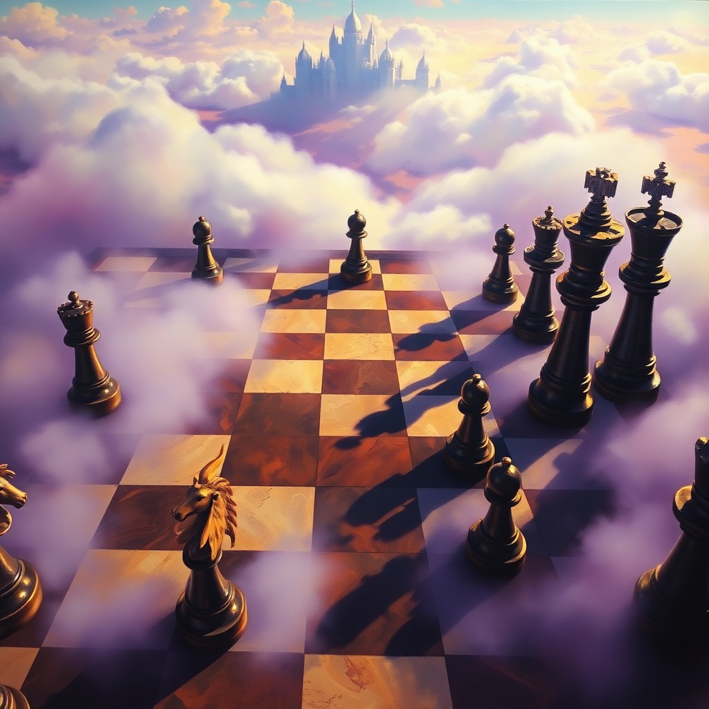 AI generated art for prompt: A surreal oil painting captures a whimsical chessboard landscape, where colossal, intricately detail