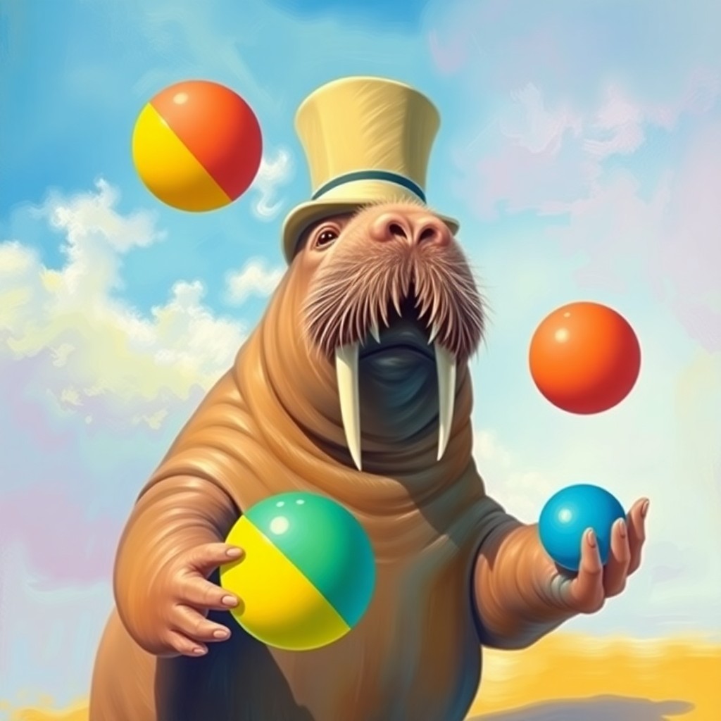 AI generated art for prompt: A vibrant Impressionist-inspired scene captures a jovial walrus wearing a top hat and monocle, skill