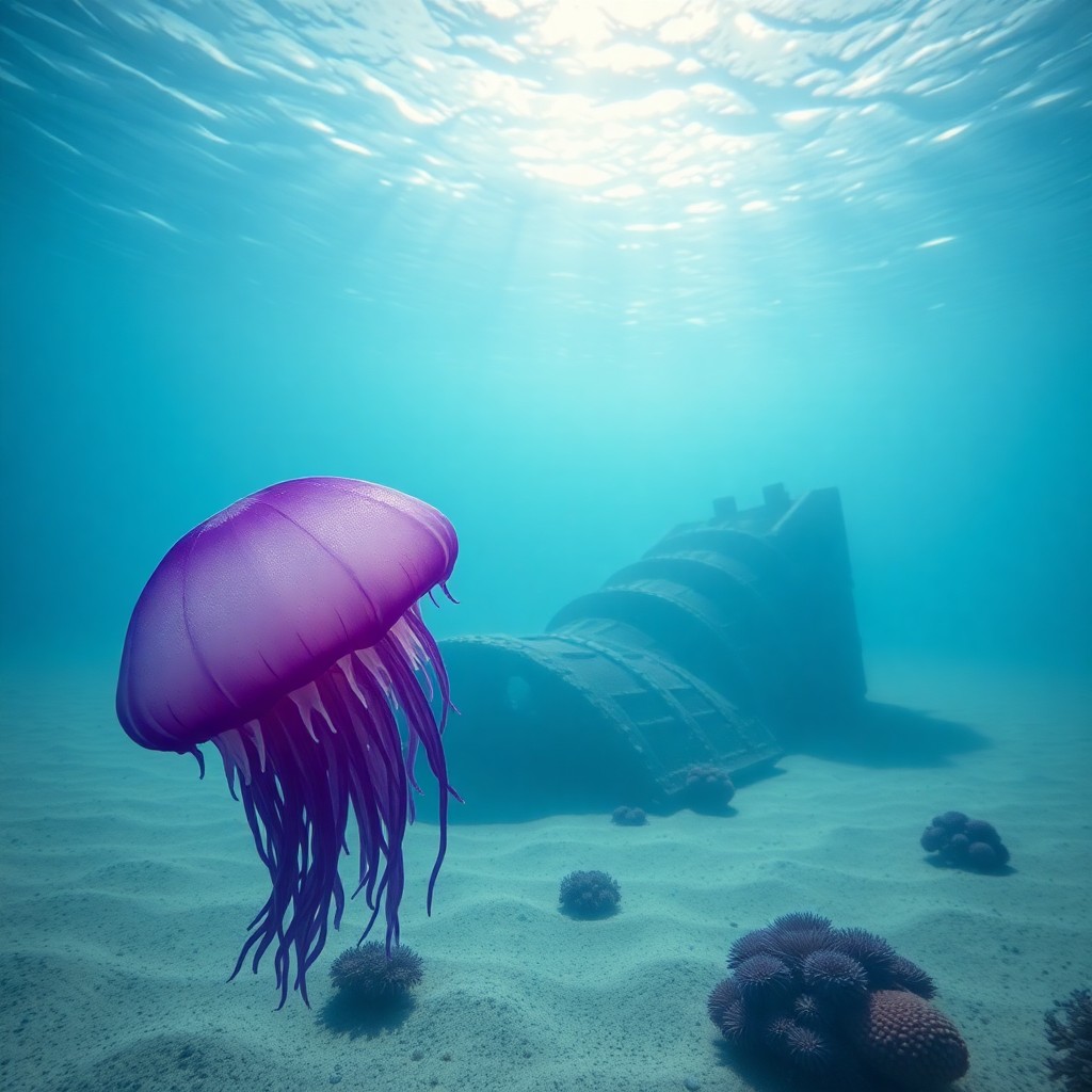 AI generated art for prompt: Craft an image showcasing a tranquil underwater vista observed from a jellyfish's vantage point in m