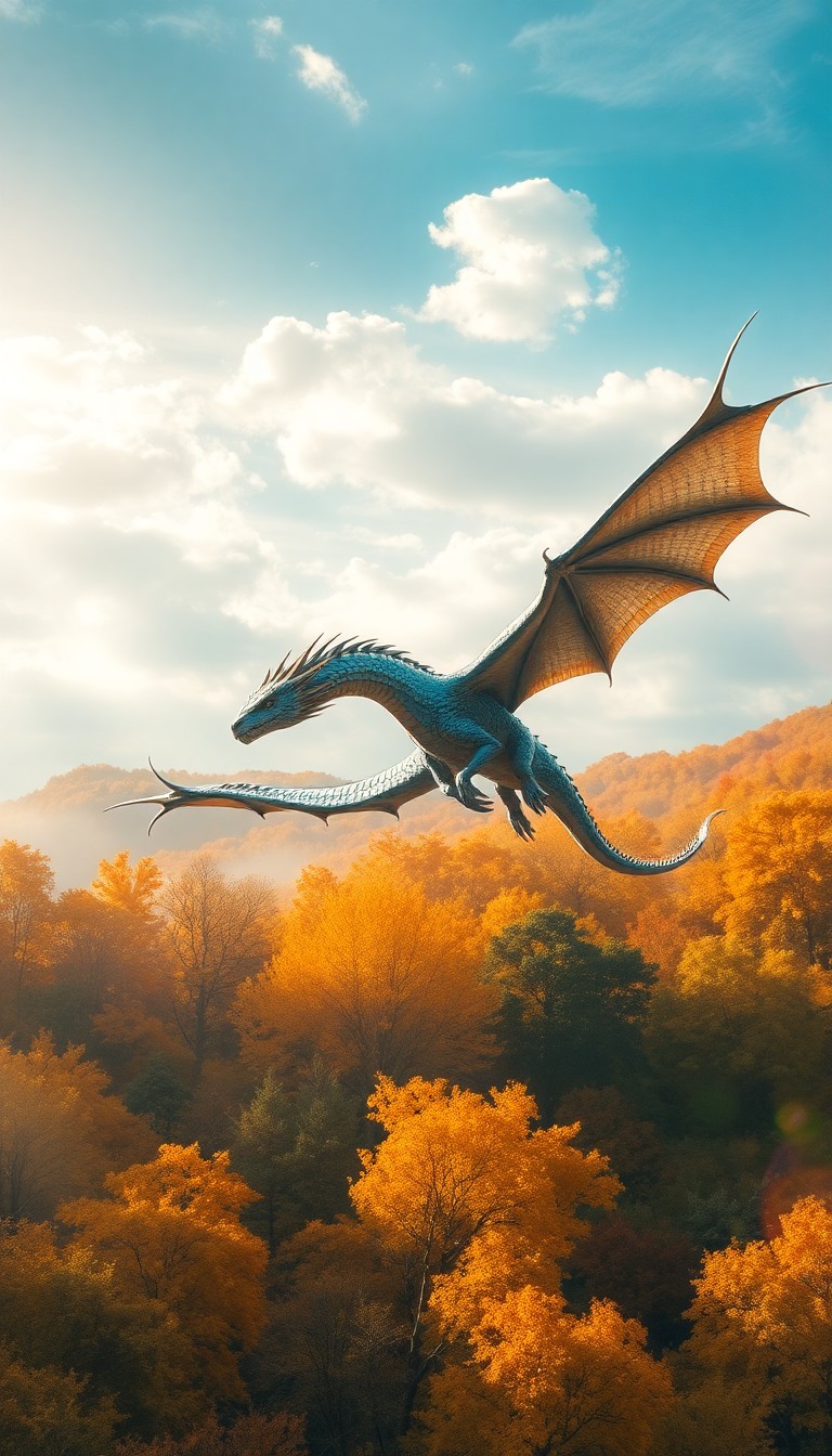 AI generated art for prompt: A breathtaking digital art composition depicting a magnificent dragon soaring through an enchanting 