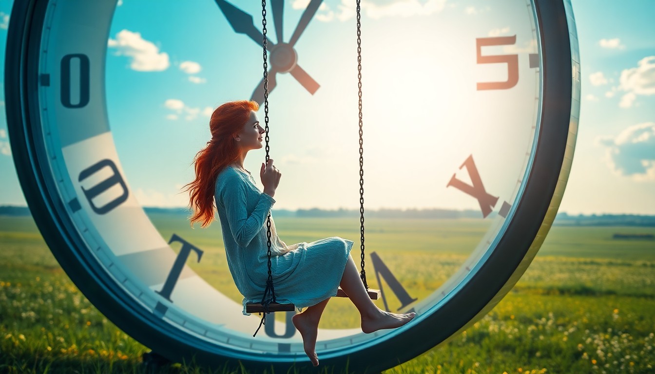 AI generated art for prompt: An enchanting surreal landscape captures a young woman with vibrant red hair thoughtfully seated on 