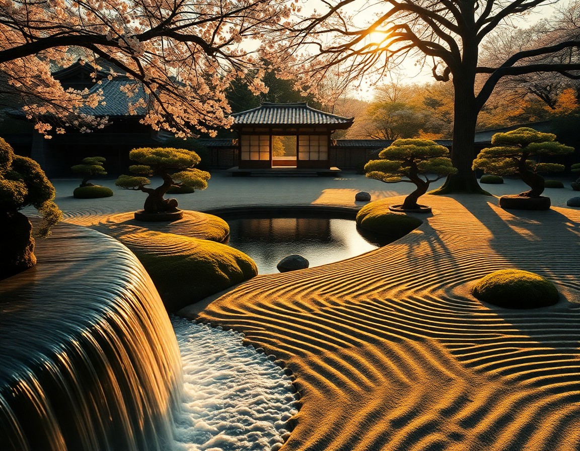 AI generated art for prompt: The image captures a tranquil zen garden viewed from an elevated perspective above a waterfall flowi