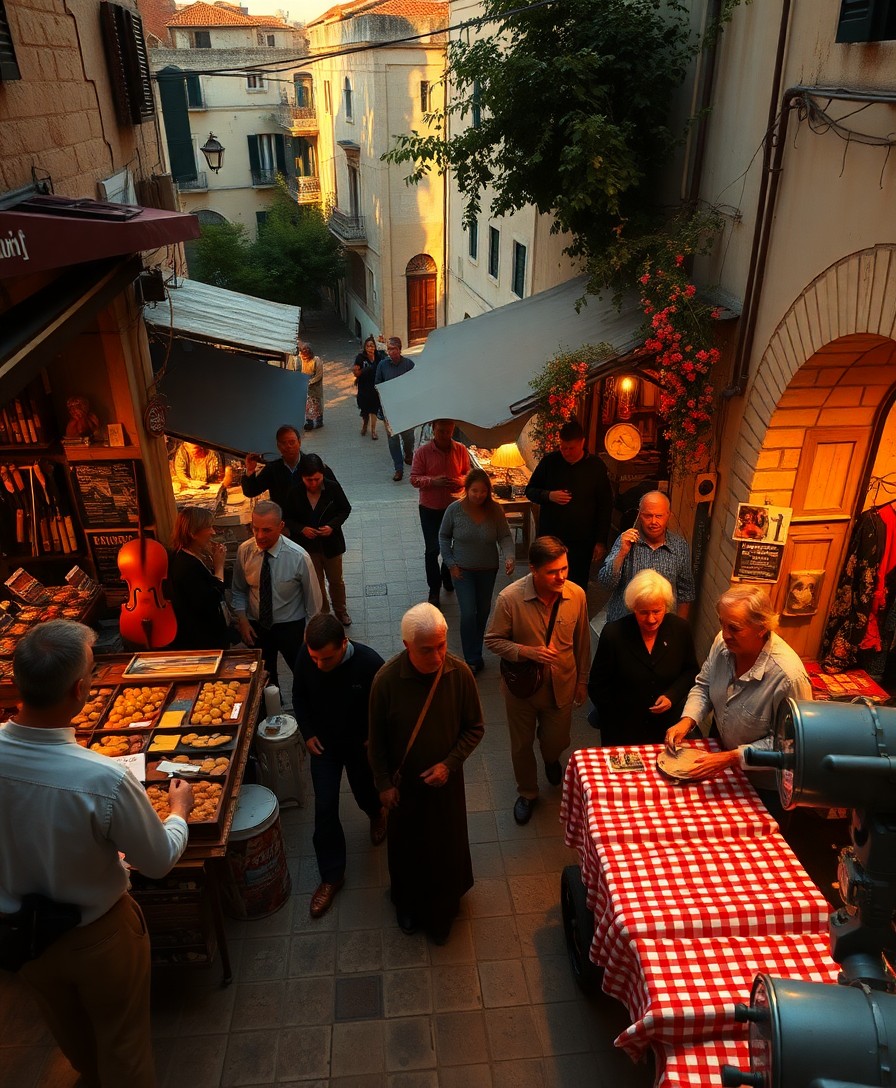 AI generated art for prompt: Imagine a lively Mediterranean marketplace at golden hour, with an artistic approach akin to Caravag