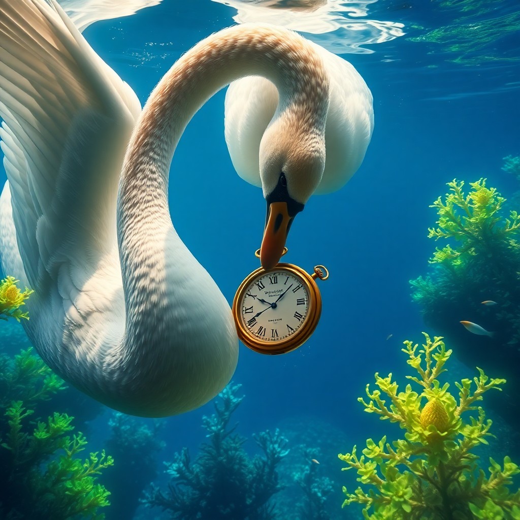 AI generated art for prompt: A surreal underwater scene captures an enchanting encounter between a majestic swan and an antique g