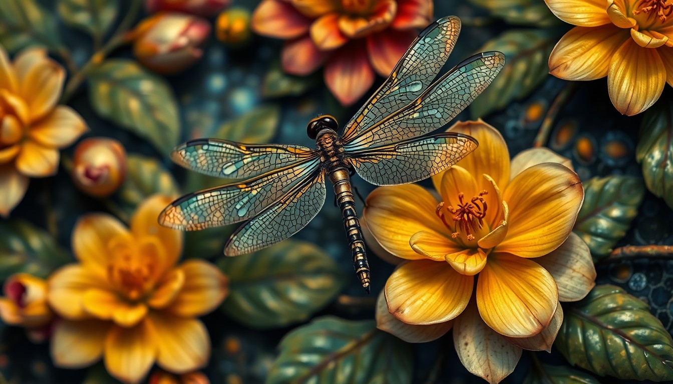 AI generated art for prompt: In the style of Klimt's ornate and intricate paintings, this close-up view showcases a dragonfly per