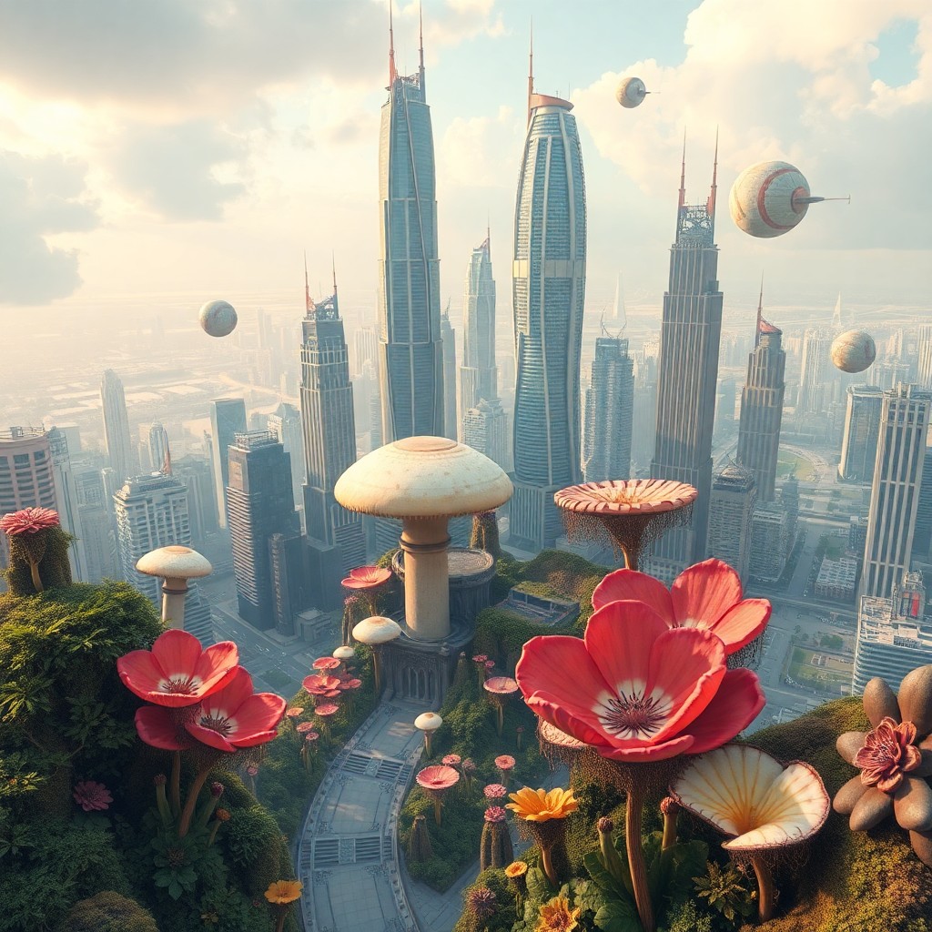 AI generated art for prompt: An imaginative digital artwork captures a futuristic metropolis from an aerial viewpoint, blending s