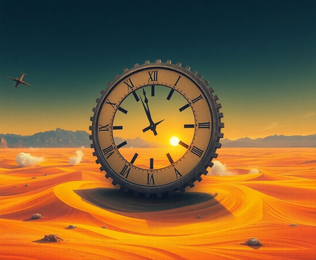 AI generated art for prompt: Picture a surrealistic desert landscape where a colossal timepiece dominates the vista, its clock fa