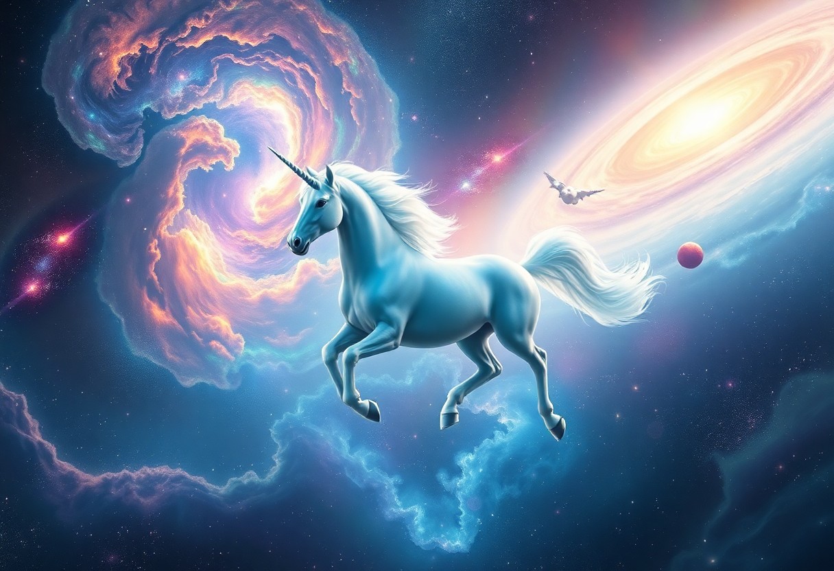 AI generated art for prompt: A mesmerizing digital composition showcasing an awe-inspiring unicorn majestically prancing through 