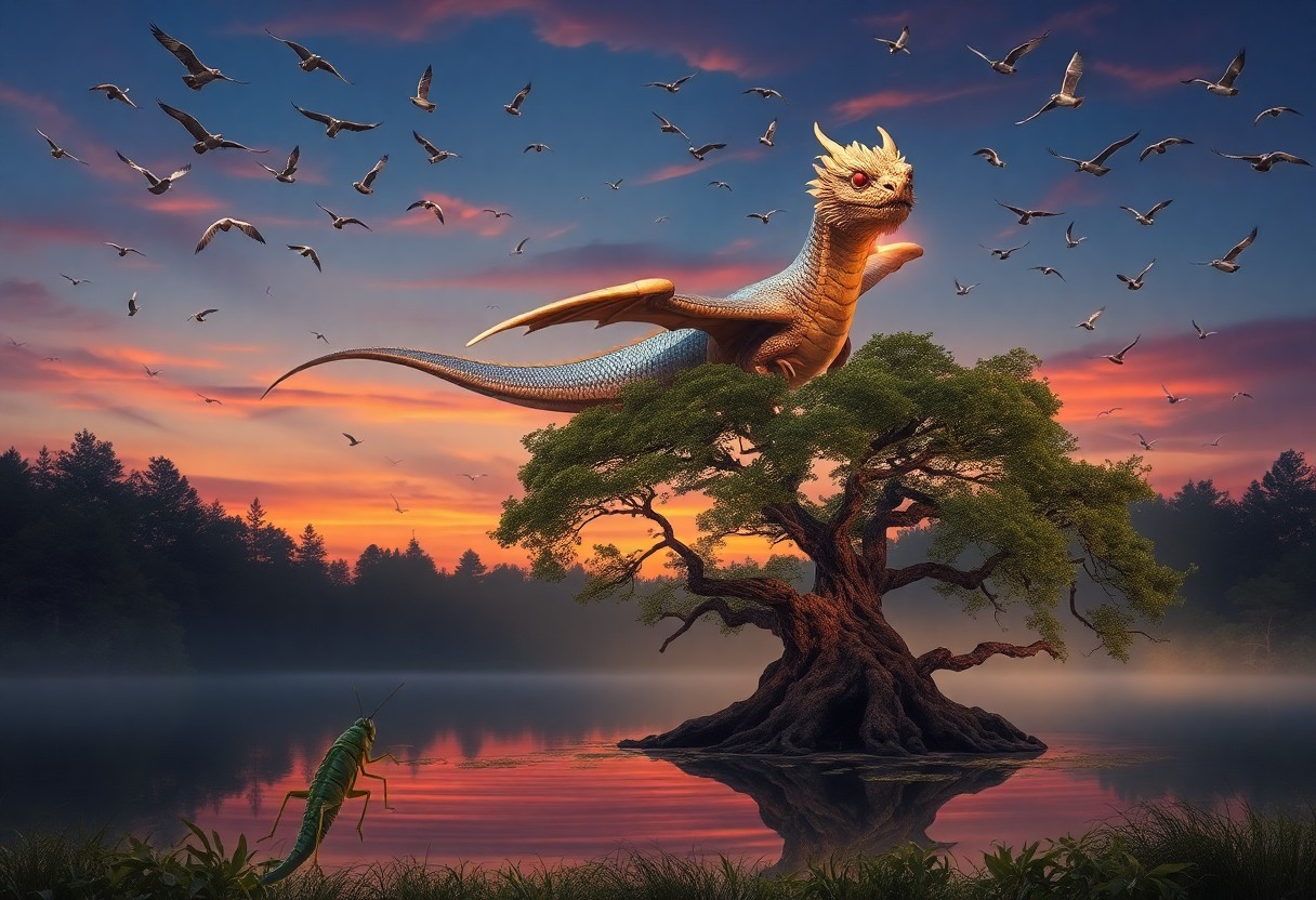 AI generated art for prompt: An enchanting scene depicts a noble dragon gliding elegantly through a twilight sky, reminiscent of 