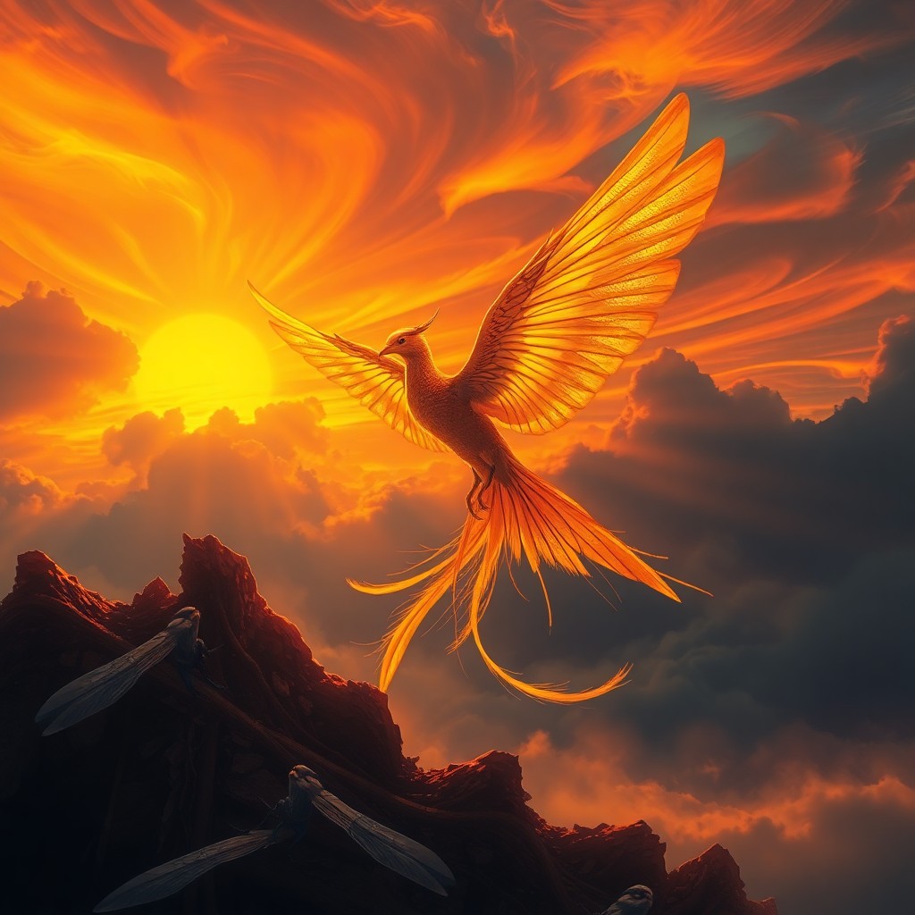 AI generated art for prompt: A majestic phoenix ascends from the remnants of an awe-inspiring sunset, its iridescent golden feath