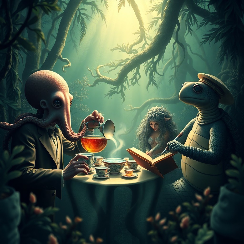 AI generated art for prompt: A surreal digital art composition depicts an enchanting underwater tea party from a bug's perspectiv