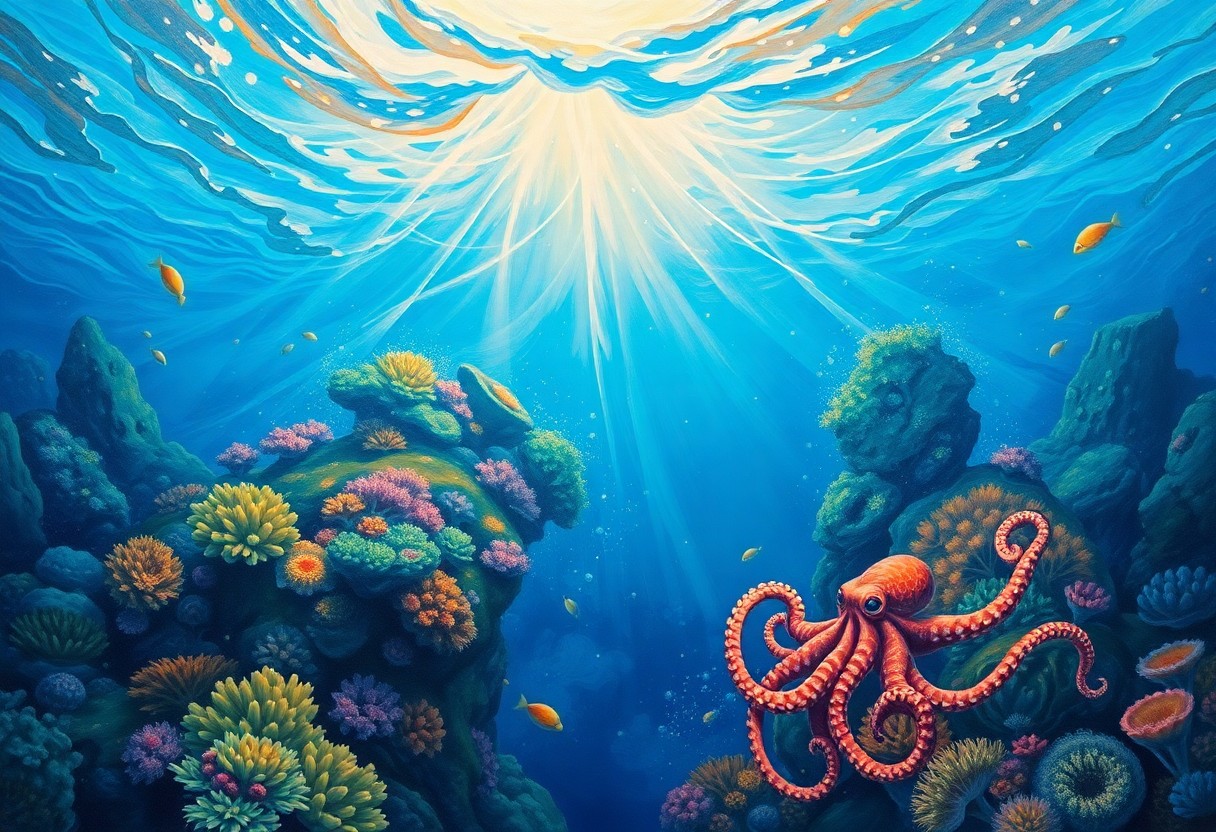 AI generated art for prompt: A breathtaking oil painting captures an enchanting underwater world where lush coral reefs and diver