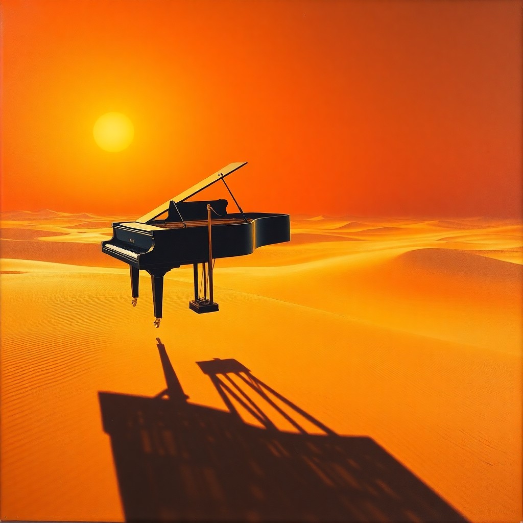 AI generated art for prompt: Imagine an oil painting depicting a grand piano suspended in an immense, seemingly endless desert at