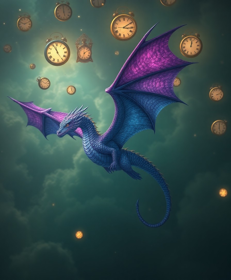 AI generated art for prompt: Imagine a surreal digital artwork depicting a majestic dragon soaring through an enigmatic sky fille