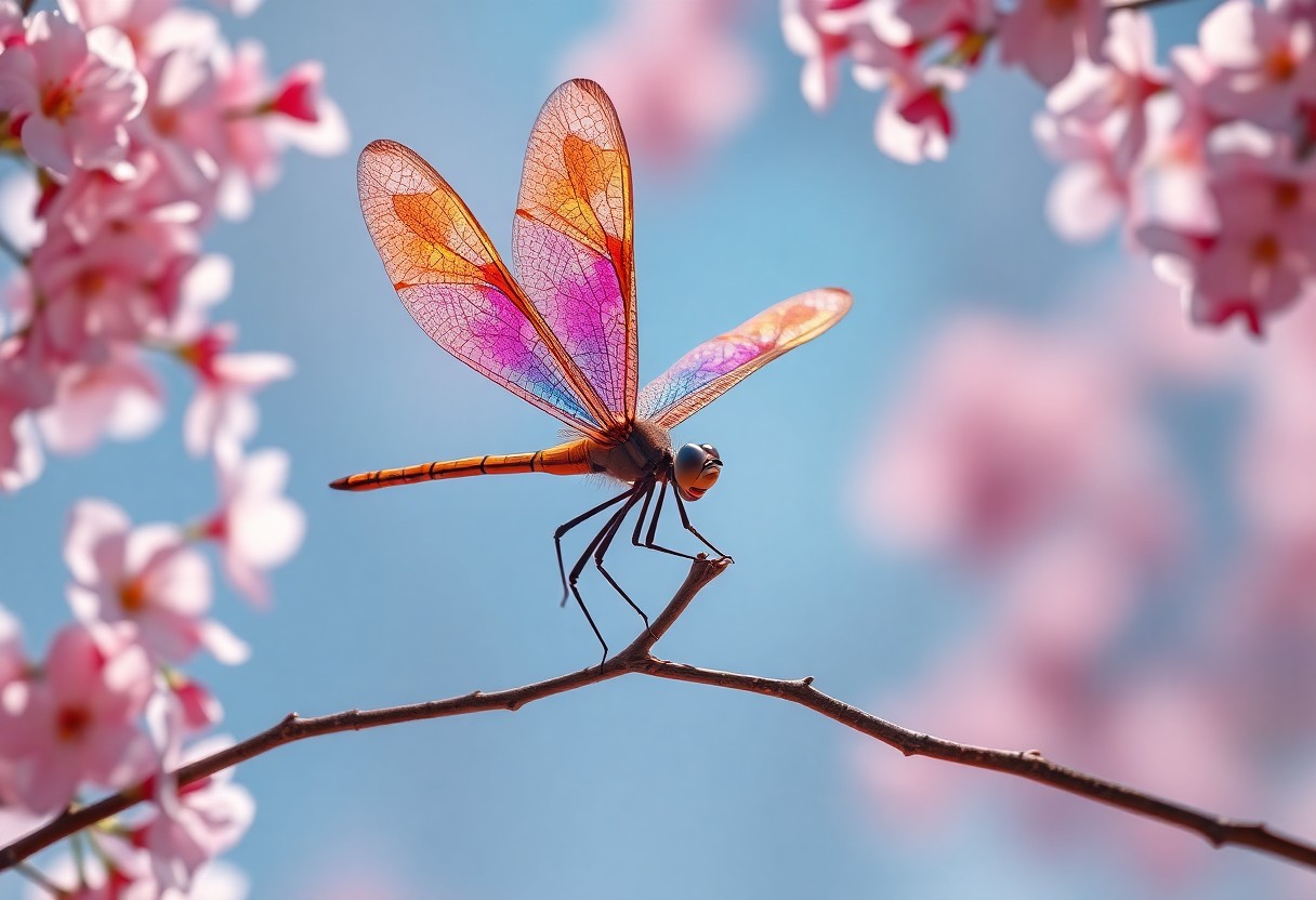 AI generated art for prompt: A vivid digital artwork portraying an immense dragonfly poised on a fragile cherry blossom tree limb