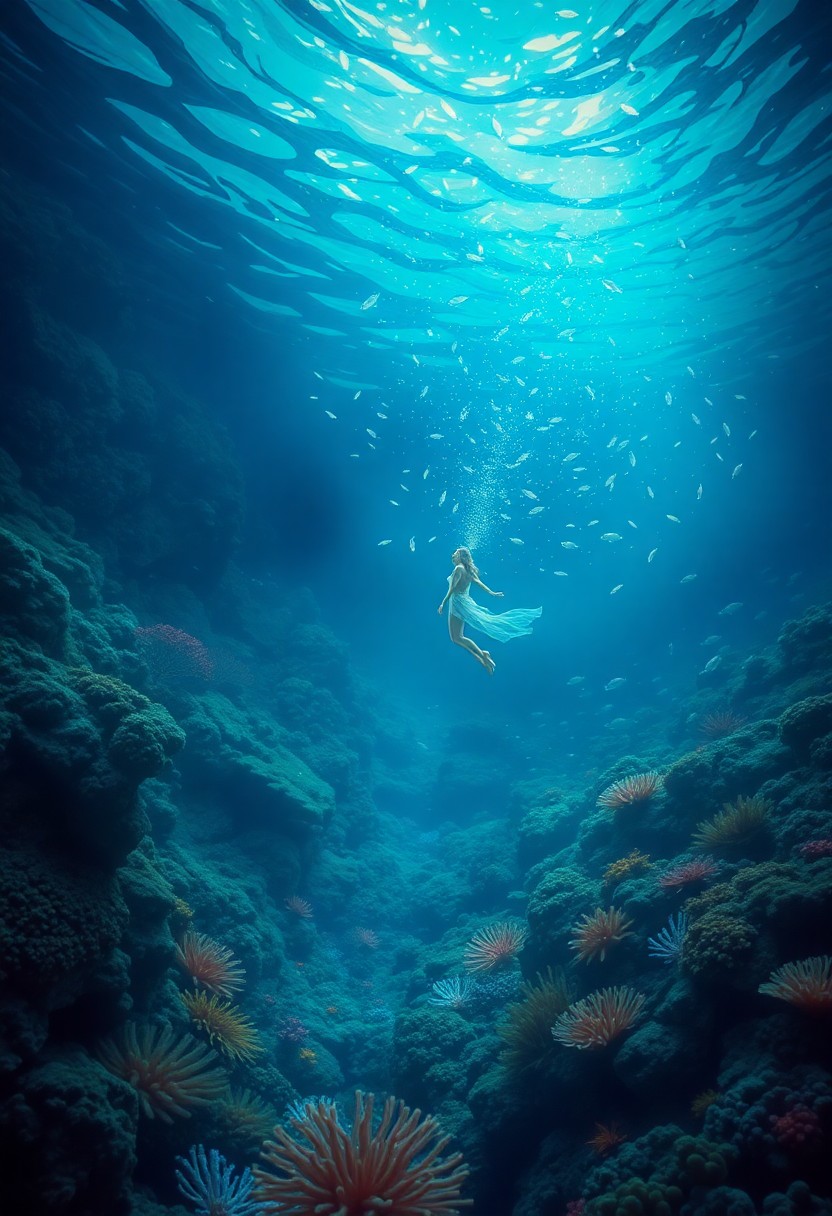 AI generated art for prompt: A tranquil underwater panorama unveils an awe-inspiring coral realm brimming with lively aquatic cre