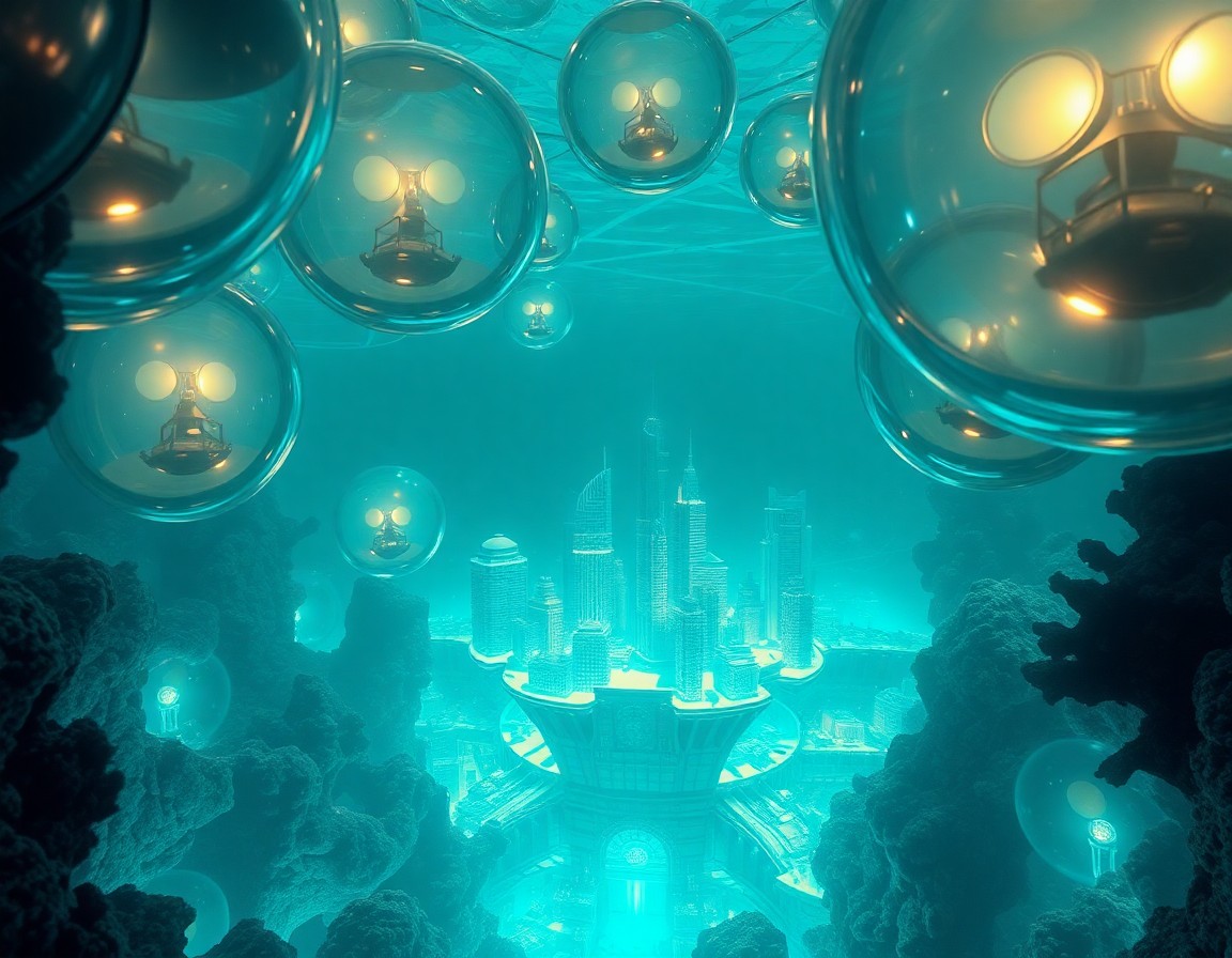 AI generated art for prompt: Craft an imaginative digital art piece depicting a futuristic underwater metropolis viewed from a di