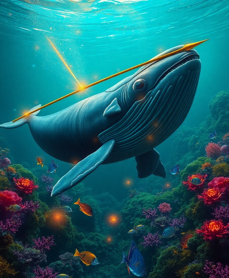 AI generated art for prompt: A surreal underwater scene depicting a majestic whale adorned with a golden harpoon, gracefully swim