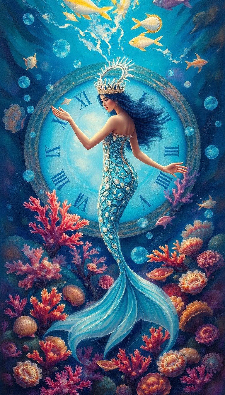 AI generated art for prompt: An oil painting captures an enchanting underwater realm where a regal mermaid with glistening adornm