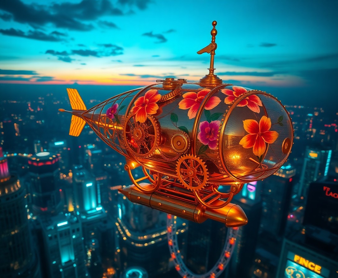 AI generated art for prompt: A whimsical airship crafted from intricate brass gears and mechanical components gracefully soars ov