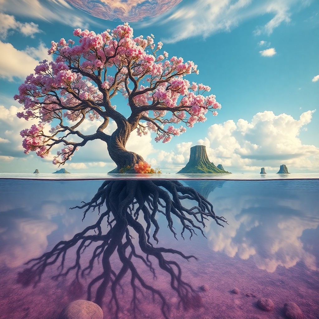 AI generated art for prompt: A dreamlike landscape depicting a surreal tree with roots reaching towards the sky, growing out of a